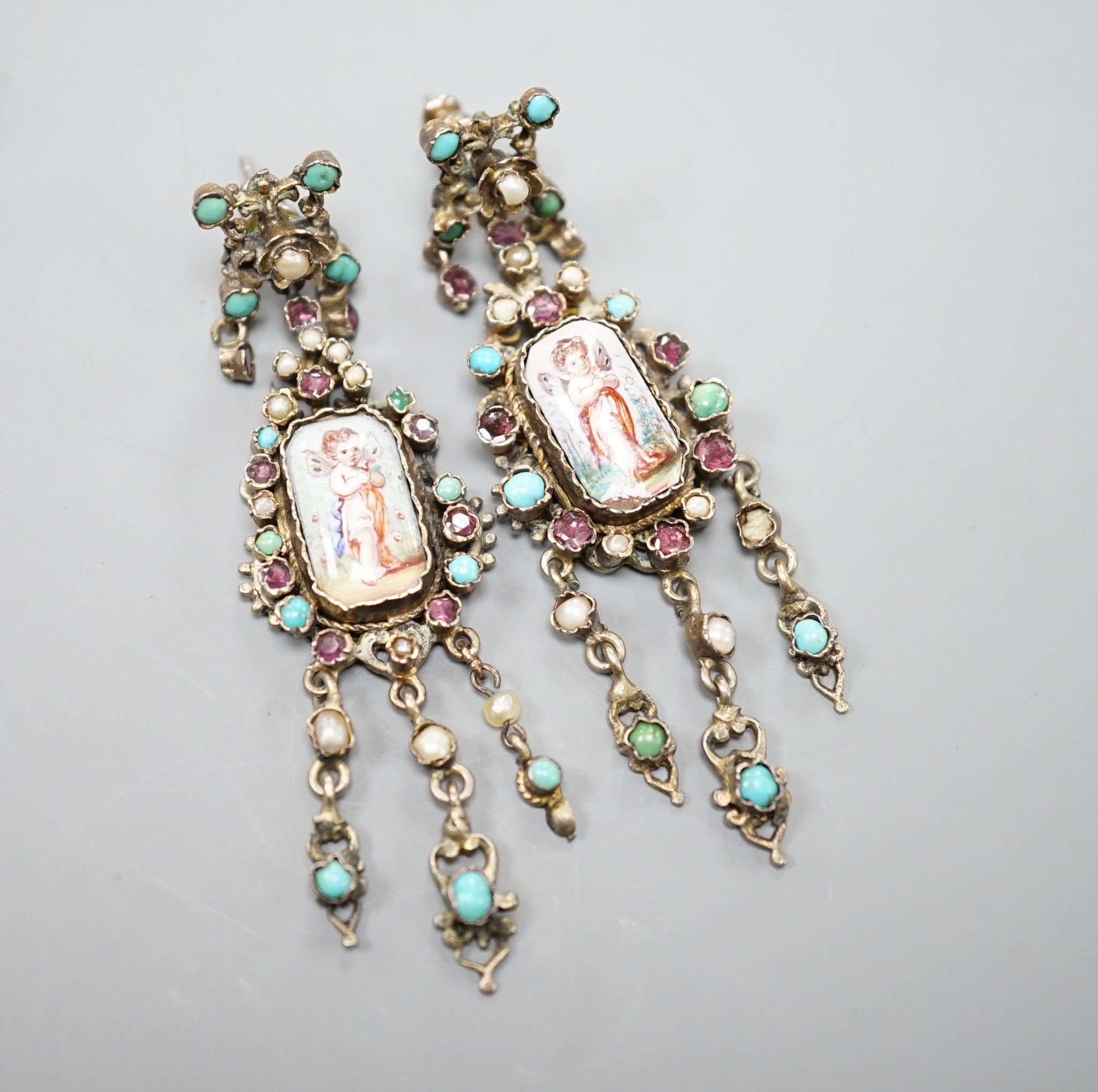 A pair of 19ct century Austro-Hungarian? gilt white metal, enamel and semi=precious gem set drop earrings, 7cm.